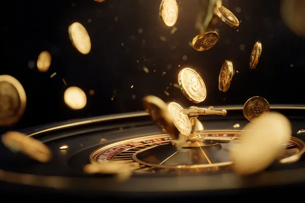 A close-up shot of golden coins falling around a spinning roulette wheel, representing immersive casino action at L85.
