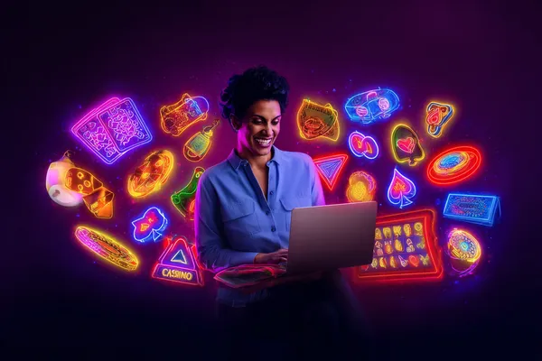 A woman smiling while playing online games on her laptop, surrounded by neon casino elements, showcasing L85’s diverse game collection.
