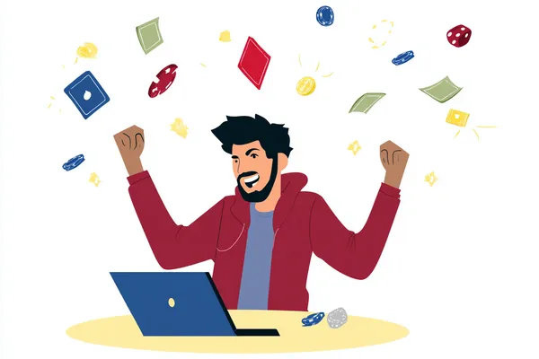 A man celebrating a winning moment on his laptop while gaming symbols float around him, capturing the excitement of L85 games.
