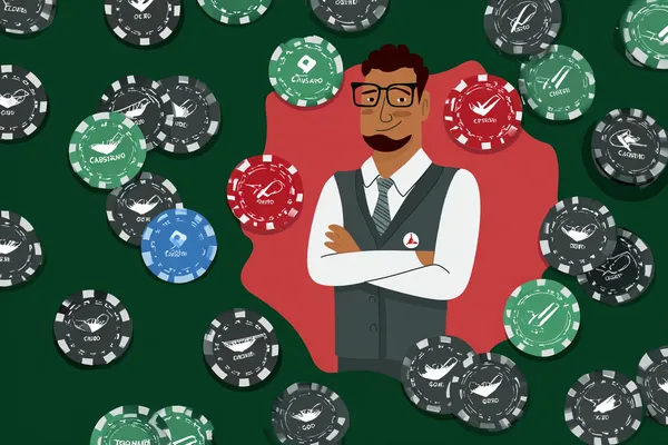 A confident dealer surrounded by casino chips inviting players to access their L85 account, reflecting quick and easy login options.